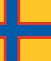 The Ingrian flag. yellow background with a blue cross with a line outline of red around the cross