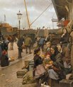 Old water colour painting of people in a harbour area with ships in the background