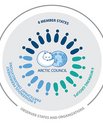 The logo of the Arctic Council together with a representation of its member states. the logo is a white fox with the globe beside it.