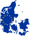 Blue map of Denmark with the european union stars superimposed over it