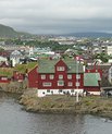 Taken from afar. A large horisontal building in a dark red colour with green roof. in the background are lots of small houses in same colours.