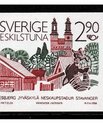 A postal stamp that says SWEDEN with a drawing of different monuments like a tower-like building and statues. At the bottom, there is a list of different citiies.
